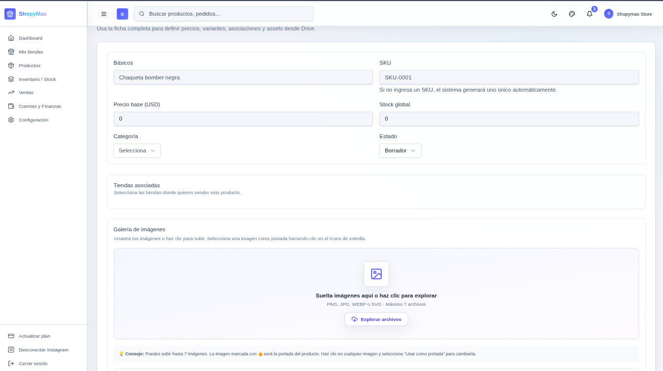 Crear producto ShopyMax